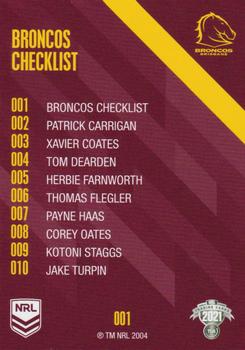 2021 NRL Traders #001 Brisbane Broncos Checklist Back